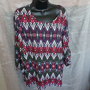 Messini 3/4 Botton Sleeve Tunic Top, Pink,  green, sz L